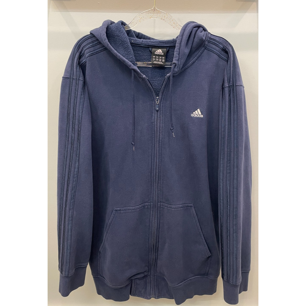 Adidas Hoodie Mens L Blue Full Zip 3 Stripe Y2K Athletic Sweatshirt Logo Cotton